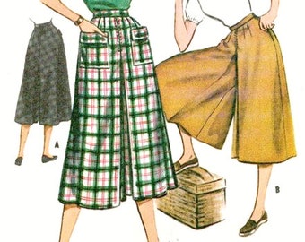 1950-70s classic culotte or wide trousers full length sewing pattern. One pair to choose