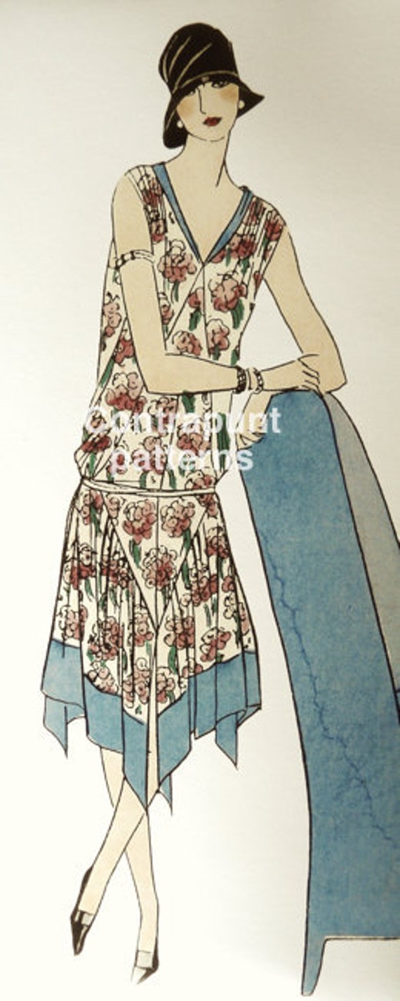 shoulders and sides Flapper spring-summer floral 1926 sewing pattern and with a nice pointed skirt design. Gathered at the hip