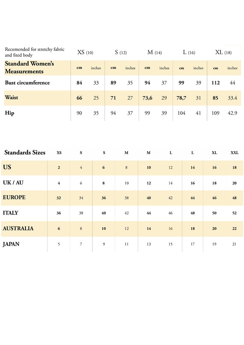 May include: Size chart for women's measurements, including bust, waist, and hip in inches and centimeters. Also includes standard sizes for US, UK/AU, Europe, Italy, Australia, and Japan.