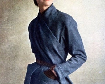 1950 wool jacket sewing pattern. Modern funnel collar works beautifully with the diagonal draped neckline
