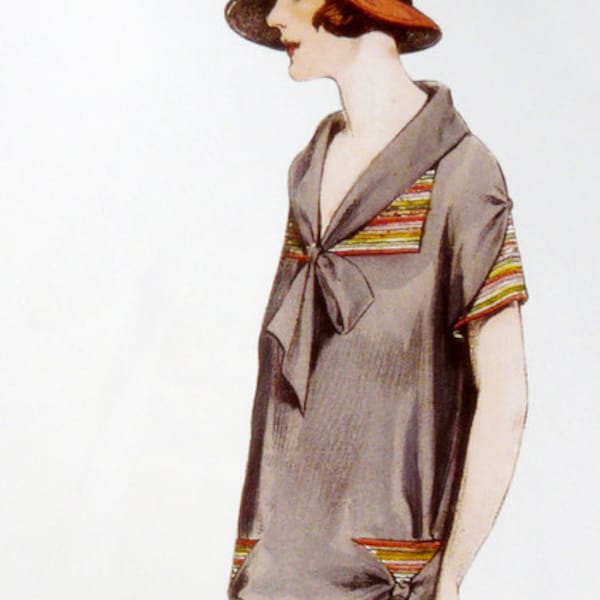 1920s pencil dress sewing pattern. Sailor collar and adjustable bows at the hips.