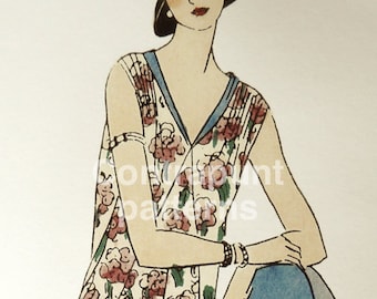Flapper spring-summer floral 1926 sewing pattern. Gathered at the hip, shoulders and sides, and with a nice pointed skirt design.