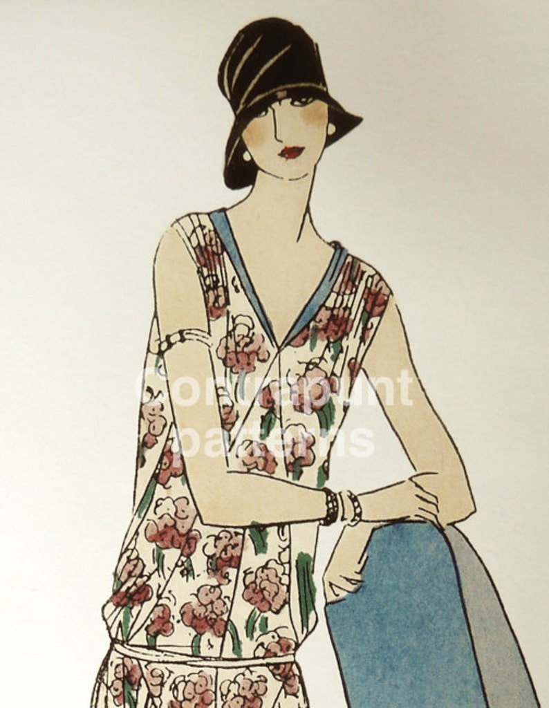shoulders and sides Flapper spring-summer floral 1926 sewing pattern and with a nice pointed skirt design. Gathered at the hip