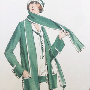 Classic 1920s dress and jacket sewing pattern. Short sleeves and navy collar.