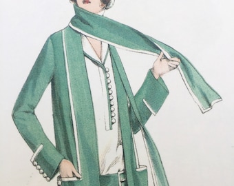 Classic 1920s dress and jacket sewing pattern. Short sleeves and navy collar.