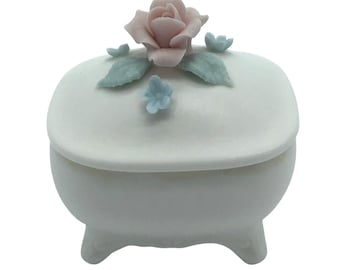 Vintage White Miniature Footed Porcelain Ring Trinket Box with Rose and Leaves