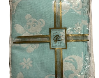 Vtg Renzo Italy Reversible Baby Crib Blanket with Fringe Blue White 35X45 NOS