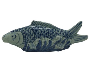 Handmade Glazed Fish Pottery Figurine Heavy Statue Ornamental Decorative Stamped
