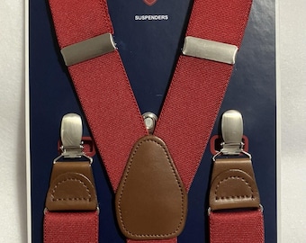 Mens Saddlebred Adjustable Suspenders Clip-on Red Brown with Silver Hardware NWT
