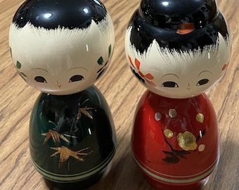Vtg Wooden Wajima Lacquer Kokeshi Doll Couple Hand-painted Features 5.5” Japan