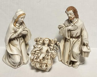 Belén vintage de 3 piezas de Caffco Japón, Sagrada Familia, tonos neutros.