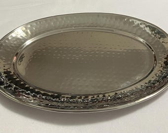 Oval Silver-tone Serving Platter Tray Hammered Textured Finish 15.25 X 11.5