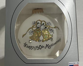 Hand-painted Glass 50th Anniversary Keepsake Ornament w/Swarovski Crystals 3.25”
