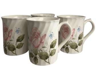 Vintage Otagiri tekoppar i elfenbensfärgad sten, rosa rosdesign, tillverkade i Japan, set om 4