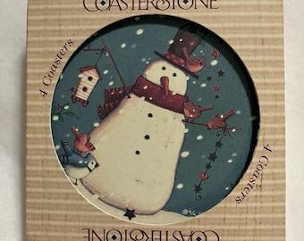 Vintage 2002 CoasterStone Sandstone Christmas Coasters Snowman Birds Set of 4