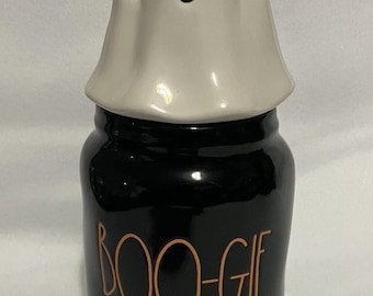 Rae Dunn Ceramic BOO-GIE Halloween Figural Canister Jar Ghost Topper Lid 4 X 8.5
