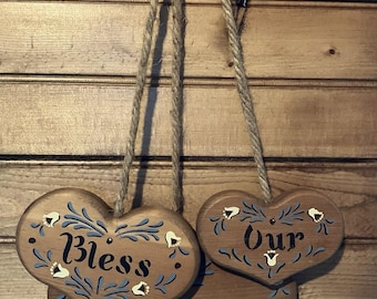 Vintage Wooden Hearts Wall Hanging Rope Bless Our Home Folk Art Rustic Country