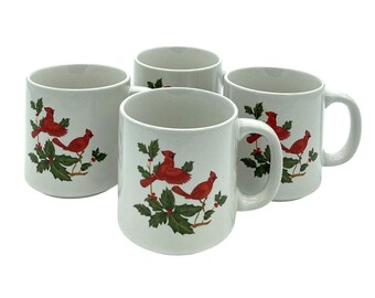 Vtg 1986 Lefton 05548 Christmas 4 Coffee Mugs Cups Teacups Cardinals Holly 8 Oz