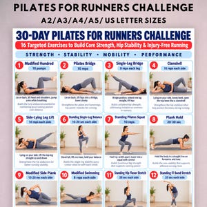 Puede incluir: Un gráfico de desafío de Pilates de 30 días para corredores con 16 paneles de ejercicios numerados. Cada panel incluye un título, conteo de repeticiones y una fotografía de una persona demostrando el movimiento, como puentes y sentadillas.