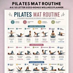 Träningsschema för mattapilates, övningar för nybörjare, poster för hela kroppen (PDF-nedladdning)