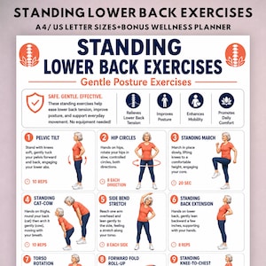 May include: A white informational poster titled STANDING LOWER BACK EXERCISES with blue and orange text. It features nine numbered illustrations of a person performing movements like pelvic tilts, hip circles, and stretches, with instructions for each.
