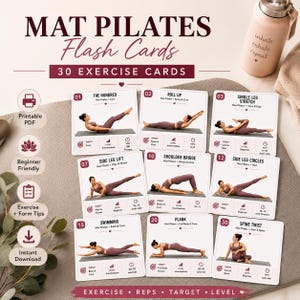 Peut inclure: Un ensemble de 30 cartes flash Mat Pilates présentant des illustrations d'exercices, des groupes musculaires ciblés, des niveaux de difficulté et des répétitions. Les cartes sont blanches avec du texte sombre et des accents marron.