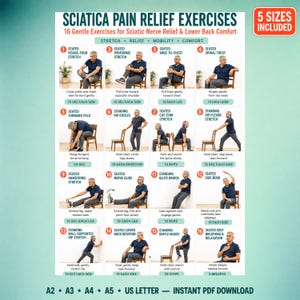 Könnte beinhalten: Ein weißes Informationsplakat mit dem Titel Sciatica Pain Relief Exercises, das 16 nummerierte Illustrationen von Personen bei verschiedenen Dehnübungen zeigt. Das Diagramm enthält Textanweisungen, ein 5 sizes included Abzeichen sowie A2, A3, A4, A5, US Letter Beschriftungen.