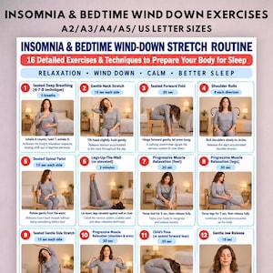 Könnte beinhalten: Ein weißes Informationsplakat mit dem Titel Insomnia & Bedtime Wind-Down Stretch Routine, das 12 nummerierte Felder mit Illustrationen einer Person zeigt, die verschiedene Entspannungsübungen wie Atemtechniken und Dehnungen ausführt.