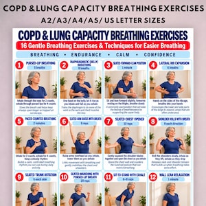 Könnte beinhalten: Ein weißes Lehrplakat mit dem Titel COPD & LUNG CAPACITY BREATHING EXERCISES, das 12 nummerierte Felder mit Illustrationen einer Person zeigt, die Atemtechniken demonstriert, inklusive Anweisungen für die Formate A2, A3, A4, A5 und US Letter.