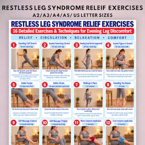 Może przedstawiać: Biały plakat informacyjny zatytułowany Restless Leg Syndrome Relief Exercises zawierający 12 numerowanych paneli z ilustracjami ćwiczeń rozciągających i technik, wraz z opisami tekstowymi dla każdego ruchu oraz czasu trwania.