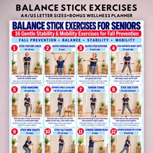 Könnte beinhalten: Ein digitales Poster mit dem Titel Balance Stick Exercises for Seniors, das 12 nummerierte Anleitungsfelder enthält. Jedes Feld zeigt eine Person bei einer Mobilitätsübung mit einem Holzstab, ergänzt durch Anweisungen und Wiederholungszahlen.