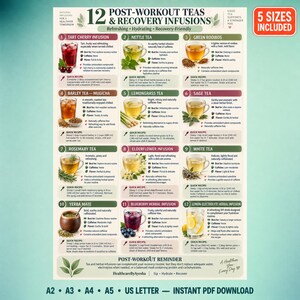 Peut inclure: Un tableau informatif intitulé 12 Post-Workout Teas & Recovery Infusions, présentant douze sections numérotées avec des illustrations de boissons, des descriptions et des recettes. Un badge rouge en haut à droite indique 5 Sizes Included.