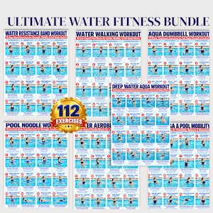 Puede incluir: Una colección de seis pósteres instructivos titulados Ultimate Water Fitness Bundle, que muestran 112 ejercicios con fotos numeradas de personas realizando entrenamientos acuáticos con bandas, pesas y churros de piscina.