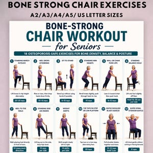 Może przedstawiać: Biały plakat informacyjny zatytułowany BONE-STRONG CHAIR WORKOUT for Seniors, zawierający 12 numerowanych ilustracji osoby w fioletowej koszulce wykonującej ćwiczenia z krzesłem. Tekst zawiera instrukcje oraz liczbę powtórzeń.