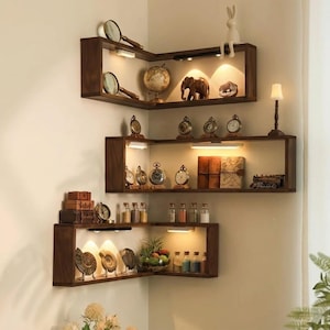 Solid wood corner wall shelf 90 degree floating bookshelf led corner display wall mounted storage toy organizer small collectibles display