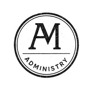 Puede incluir: Logotipo circular en blanco y negro con las letras "AM" sobre la palabra "ADMINISTRY". El diseño está encerrado en un círculo de doble línea, con una textura desgastada.