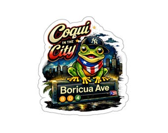 Coquí in the City Die-Cut Sticker | Nuyorican Coqui on Boricua Ave, Puerto Rican Pride