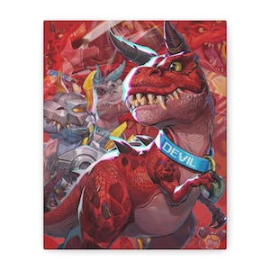 Peut inclure: Une toile rouge représentant un dinosaure de dessin animé avec le mot "DEVIL" sur son collier. Le dinosaure a des dents pointues et des cornes, avec d'autres créatures similaires en arrière-plan. L'œuvre est vibrante et détaillée.
