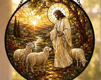 Jesus the Good Shepherd Stained Glass Suncatcher, Christian Window Hanging, Religious Sun Catcher, Faith Gift for Mom Grandma Church Decor