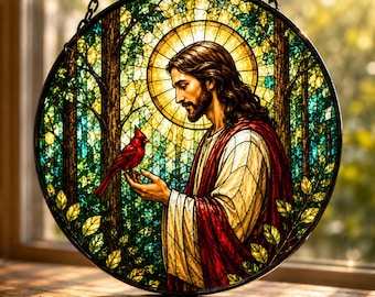 Attrape-soleil en vitrail Jésus et oiseau cardinal, tenture de fenêtre chrétienne, décoration de fenêtre religieuse, cadeau de la foi commémoratif, attrape-soleil de Jésus