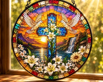 Attrape-soleil en vitrail croix, tenture de fenêtre chrétienne, attrape-soleil colombe et lys, décoration de fenêtre religieuse, cadeau de baptême de Pâques