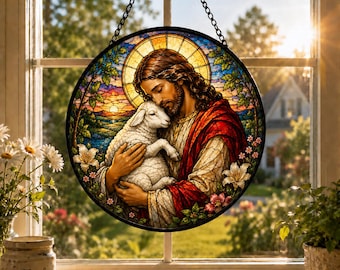 Attrape-soleil en vitrail de Jésus tenant un agneau, tenture de fenêtre du Bon Pasteur, décoration de fenêtre chrétienne, cadeau religieux, décoration d'intérieur foi