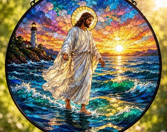 Attrape-soleil Jésus marchant sur l'eau en vitrail, tenture de fenêtre chrétienne, attrape-soleil religieux, cadeau de la foi, décoration d'intérieur chrétienne