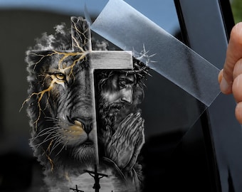 Décalcomanie en vinyle Jésus Croix Lion de Juda - Autocollant de voiture foi chrétienne (résistant aux intempéries)