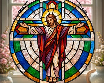 Attrape-soleil en vitrail Jésus-Christ, décoration religieuse à suspendre, décoration d'intérieur catholique
