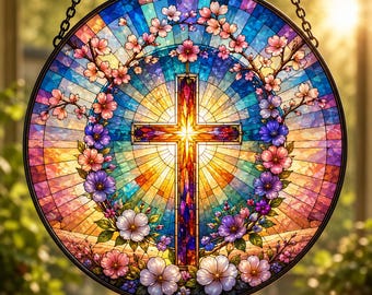 Attrape-soleil en vitrail croix chrétienne, croix florale suspendue, décoration de fenêtre religieuse, cadeau chrétien, décoration de Pâques, cadeau foi