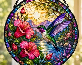 Attrape-soleil en vitrail colibri, hibiscus suspendu, décoration de fenêtre oiseau coloré, cadeau pour amoureux de la nature, ornement attrape-soleil de jardin