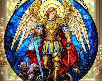 Attrape-soleil en vitrail de l'archange Michel, tenture de fenêtre Saint Michel, art religieux