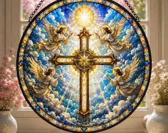 Attrape-soleil en vitrail croix chrétienne avec anges, décoration religieuse à suspendre