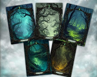 10 carte proxy terra base Foresta, set Foresta di Dark Fantasy MTG, paesaggio a illustrazione completa con cornice forestale decorata